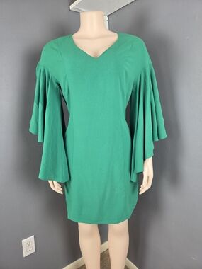 Esley Green V-Neck Mini Dress with Layered Bell Sleeves